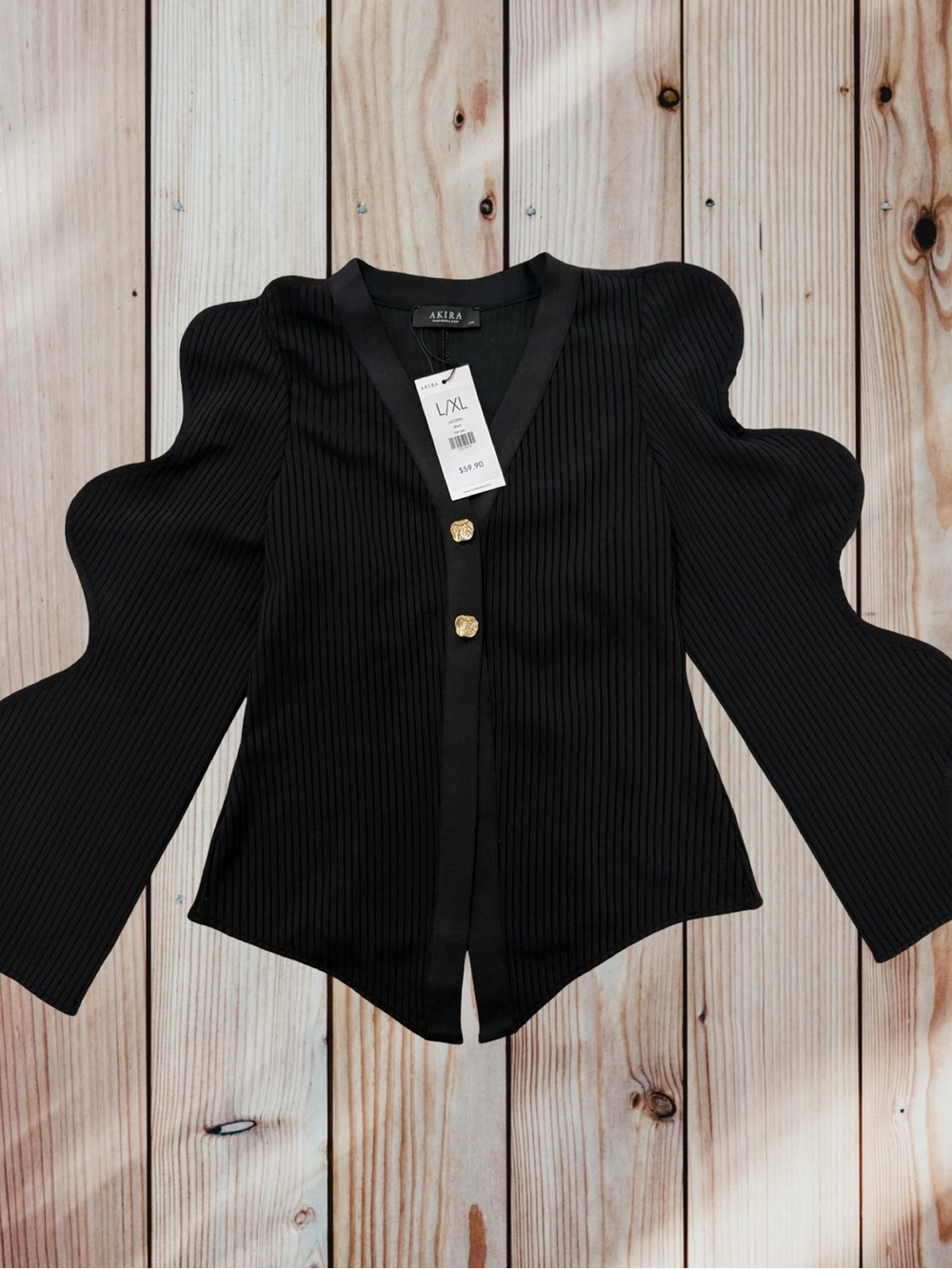 NWT AKIRA Black Wavy Structured Sleeve Ribbed Cardigan L/XL Statement Sweater - Picture 4 of 13